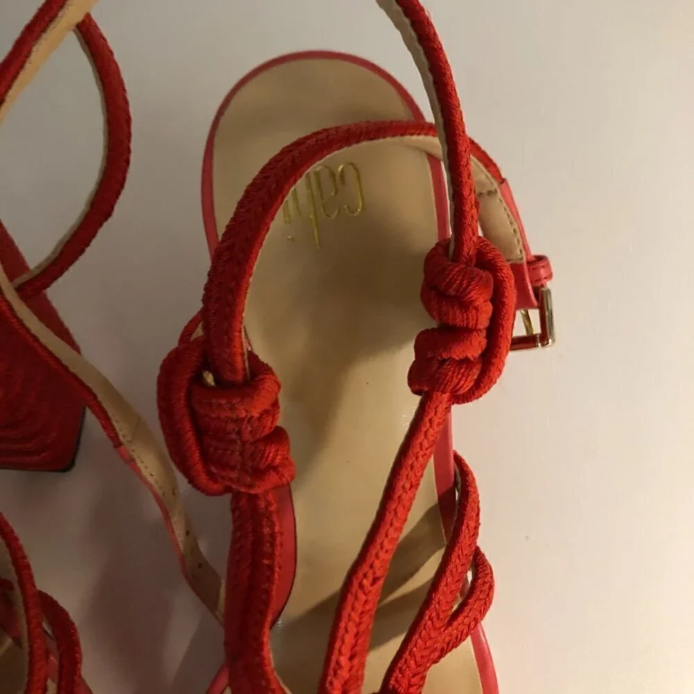 Cabi Tiptoe Knotted Rope Strappy Heeled Sandals Hibiscus Red Size 9M